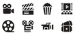 Cinema icons set. Collection icon: Popcorn box, movie, clapper board, film, movie, tv, video and other. Vector flat icons related to movies