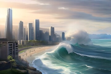 Poster - A majestic wave crests near a coastal city, showcasing the raw power and beauty of nature juxtaposed against urban development Generative AI