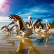 Pelicans in the water on a sunny day