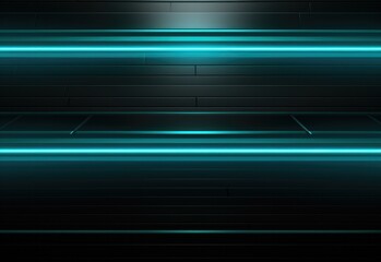 Sticker - Futuristic satin black background with electric teal illuminations, ideal for virtual reality themes. Perfect for titles or taglines. Generative AI.