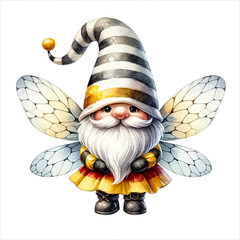 An illustration of a gnome in a bee outfit with wings, the gnome’s large hat obscures the eyes, revealing only a round nose and a beard, rendered in watercolor style.