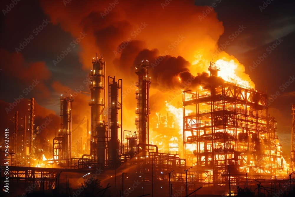 Industrial inferno at a chemical plant, dramatic night scene with ...