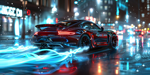 A red sports car with bright automotive lighting is speeding down a rainsoaked city street at night, showcasing sleek automotive design and shiny wheels