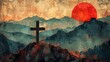 illustration of a cross with a shadow, sun, mountains