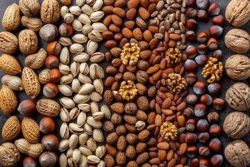 Premium Selection of Whole Nuts and Seeds for a Balanced Nutrient Intake. A carefully selected selection of whole nuts and seeds, rich in essential nutrients, presented in a full panoramic spread for