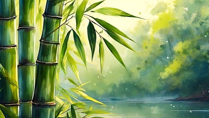 Poster - watercolor style bamboo forest background, nature background