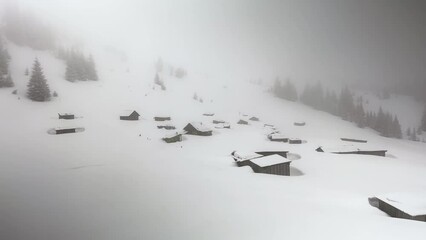 Wall Mural - Germaneska meadow in the Carpathians, Ukraine, in the summer live shepherds of cows and sheep, and in winter fog and snowfall cover the roof