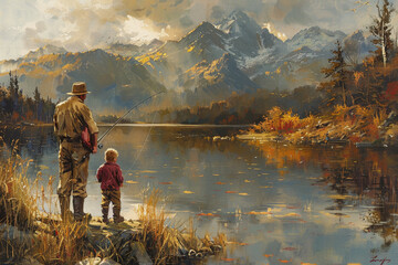 Wall Mural - Father and son fishing together by the lake happily on holiday. AI Generated