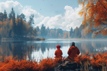 Father and son fishing together by the lake happily on holiday. AI Generated