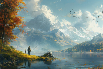 Wall Mural - Father and son fishing together by the lake happily on holiday. AI Generated