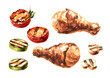 Grilled chicken legs with vegetables set. Watercolor hand drawn illustration, isolated on white background
