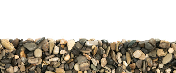 Wall Mural - Wet sea pebbles isolated on white background. natural aquarium soil. beach pebbles texture close up