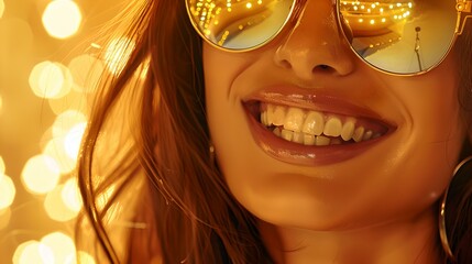 Wall Mural - joyful woman in reflective sunglasses with warm bokeh lights. capturing happiness and style in a cas
