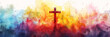 Abstract watercolor background with vibrant splashes of color and a central silhouette of a Christian cross, ideal for Easter holiday designs and spiritual concepts, with copy space
