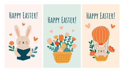  Cute Easter bunny greeting cards set with flowers, eggs, hearts. Easter holiday design. Flat hand drawn style.