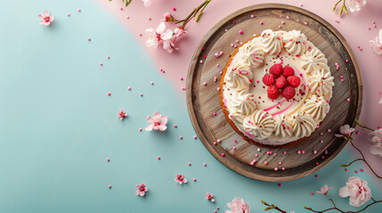 Wall Mural - Spring cake with berries on pastel background with a place for text