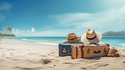 suitcases with sea on background