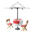 Summer cafe. Table, umbrelle and chairs. Watercolor hand drawn illustration, isolated on white background