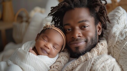 Wall Mural - Happy African American father with newborn daughter at home