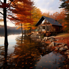 Canvas Print - A serene lakeside cabin in autumn.