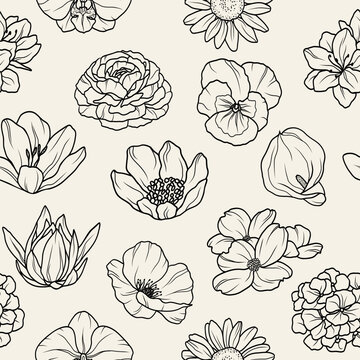 Line art garden flowers seamless pattern
