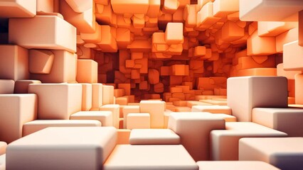 Abstract three dimensional white cube scene illuminated in orange light