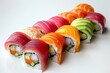 A vibrant rainbow sushi roll filled with fresh tuna, salmon, and avocado