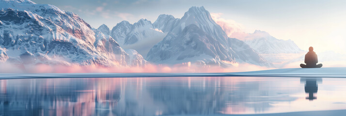 Canvas Print - Amazing Serene yoga backdrop with pristine snowy mountain digital illustration