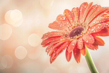 Poster - Orange gerbera flower with water droplets on a soft bokeh background, suitable for greeting cards and spring themes with copy space