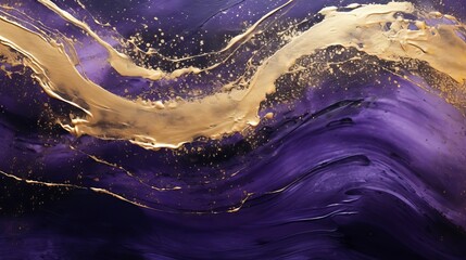 Sticker - Against a dark backdrop, streaks and waves are sprinkled with purple and gold sparkles, showcasing contemporary creativity with a colorful avant-garde painting.