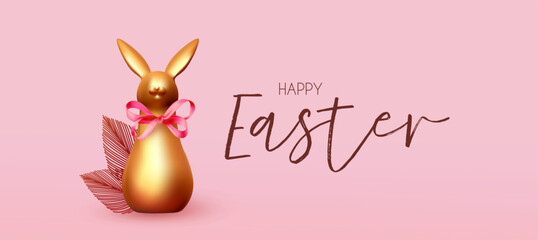 Wall Mural - Happy Easter! Holiday background with cute gold bunny and pink bow. Easter rabbit on pink background.