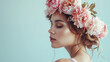 woman with pink peony flowers wreath on her head
