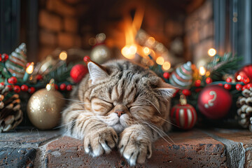 Wall Mural - A cat sleeping happily in front of the fireplace in the living room. Sleep and happiness concept.