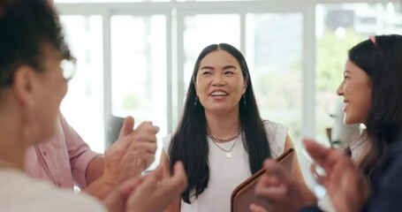 Wall Mural - Business people, woman and applause with celebration support for onboarding, partnership and happiness with thank you. Group, team and asian employee with welcome for diversity, success and promotion