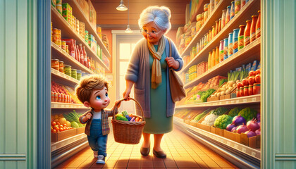 grandmother and little boy shopping in e supermarket