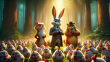 Fototapeta Na ścianę - Fantasy forest with fox, rabbit and bear in the middle of group of chicken illustration concept