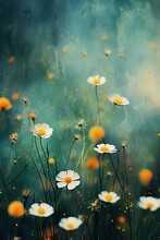 Title: Dreamy Daisy Field With Soft Bokeh And Blue Tint.
