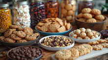 Assorted Snacks In Bowls With Jars Of Cookies And Popcorn On A Wooden Table With Blurred And Bokeh Background