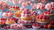 An array of fresh pastries and flavorful fruit tarts neatly arranged on charming wooden stands.