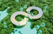 Infinity symbol with hydrogen H2 molecules on green forest background. Sustainable energy concept. 3d rendering.
