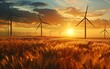 Harvesting the Wind, sunset view over a wind farm, with wind turbines standing tall among the golden fields of crops, capturing the essence of renewable energy in agricultural settings and the beauty