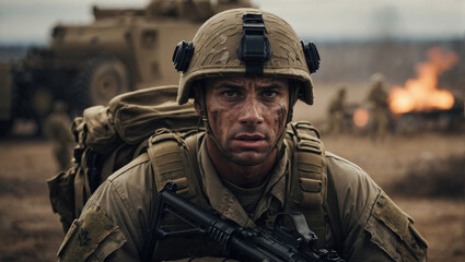 Wall Mural - Portrait of a Terrified American Soldier on the Battlefield of the of a Modern War 
