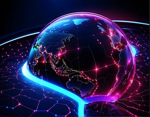 Wall Mural - Abstract Digital world map, globe, concept of global connection, network and data transfer, technology and telecommunication, information flow