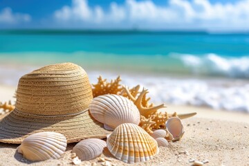 Beach hat with starfish and seashells on seashore with blue water sea wave.