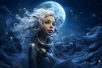 Wall Mural - Mysterious Moon girl fantasy. Magic walk sign. Generate Ai