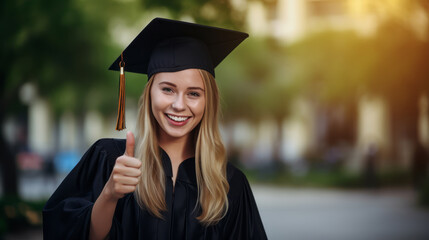 Happy European woman in graduation cap giving thumbs up, symbolizing success in education. Ai generative illustration
