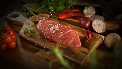 Wall Mural - A view of a fresh raw beef steak on a wooden board placed on the kitchen counter. The concept of meat preparation.