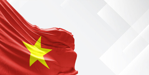 Wall Mural - Vietnam national flag cloth fabric waving on beautiful white Background.