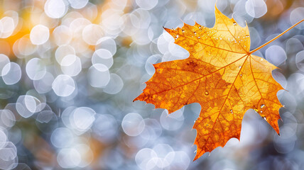 Wall Mural - orange maple leaf framing a stylish natural bokeh background with wide copy space