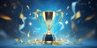 © ND STOCK - Golden trophy and streamers, business and competition concept, blue background, celebration confetti celebration confetti ribbon and sparkling glitter, symbolizing victory and success in a competition